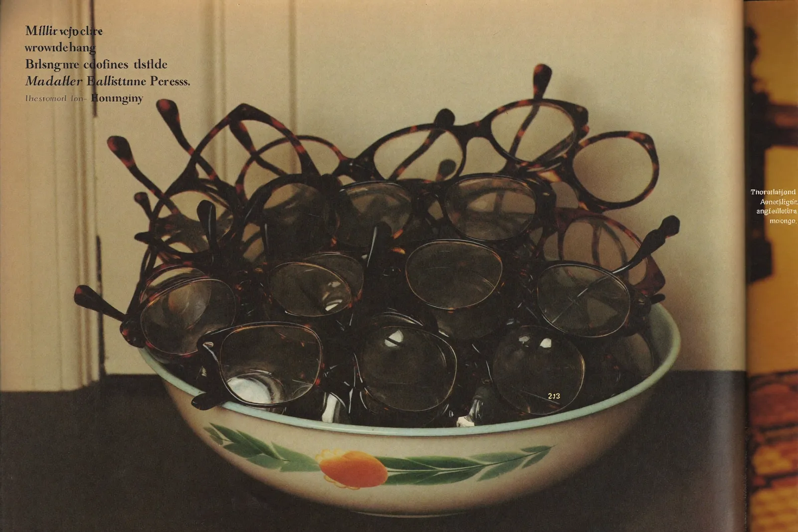 A bowl by the front door filled with identical pairs of reading glasses
