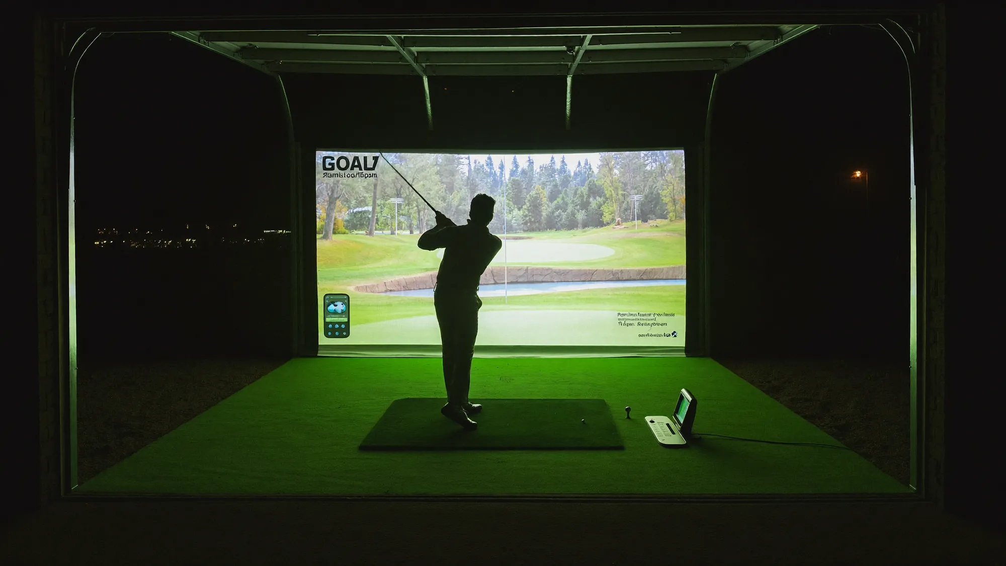 A man mid golf swing in a dark garage, facing a glowing simulator screen showing a fairway