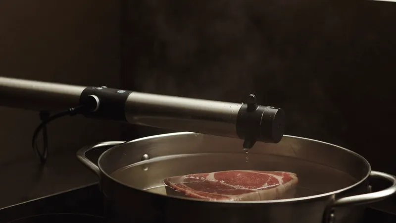 A sous vide immersion circulator clipped to a pot on a dark kitchen counter, a vacuum-sealed steak submerged