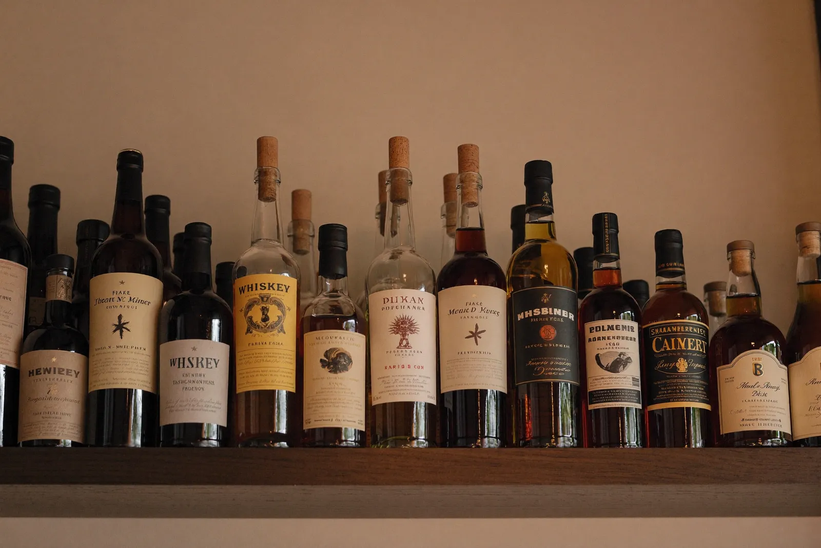 A home whiskey shelf holding a dozen open bottles in varied shades of amber
