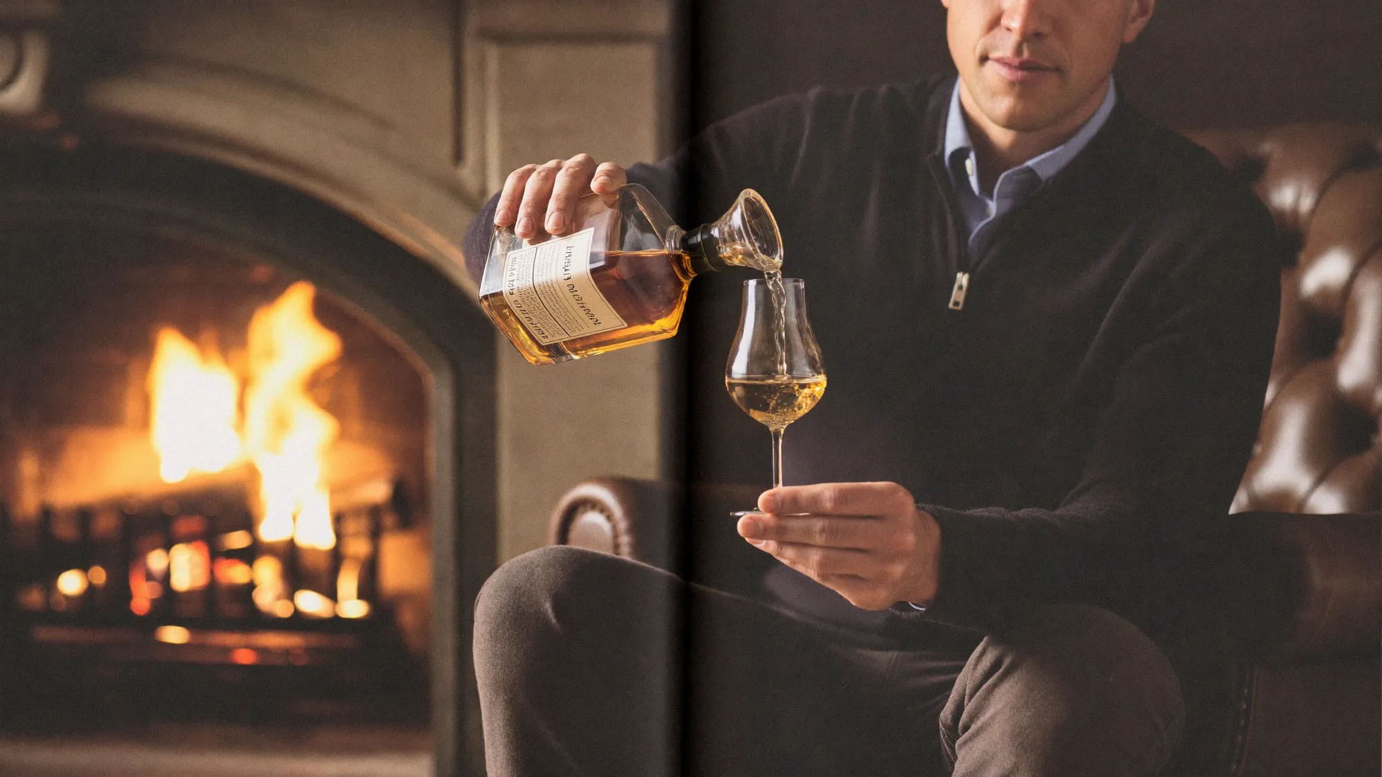 A man pouring whiskey from a decanter into a tulip glass beside a stone fireplace