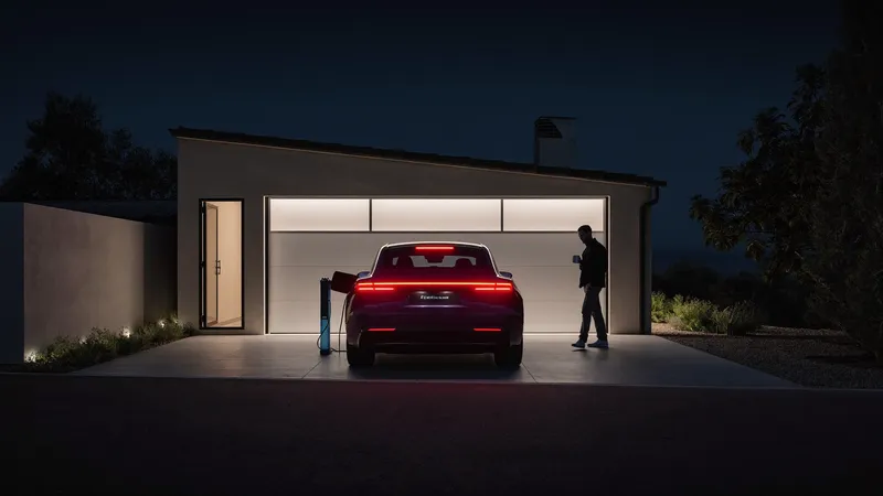 An electric car charging in a clean garage at night, a man silhouetted in the doorway with a mug