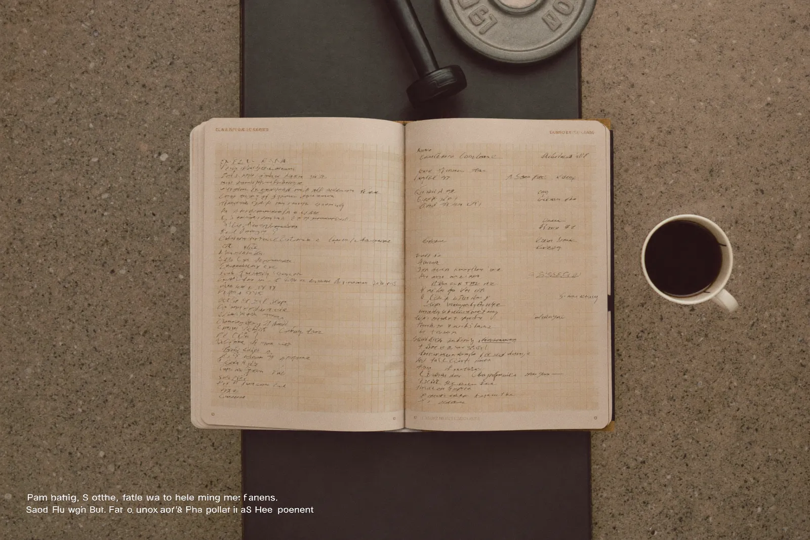 An open paper training logbook with pencil entries, black coffee, and small fractional plates on a bench