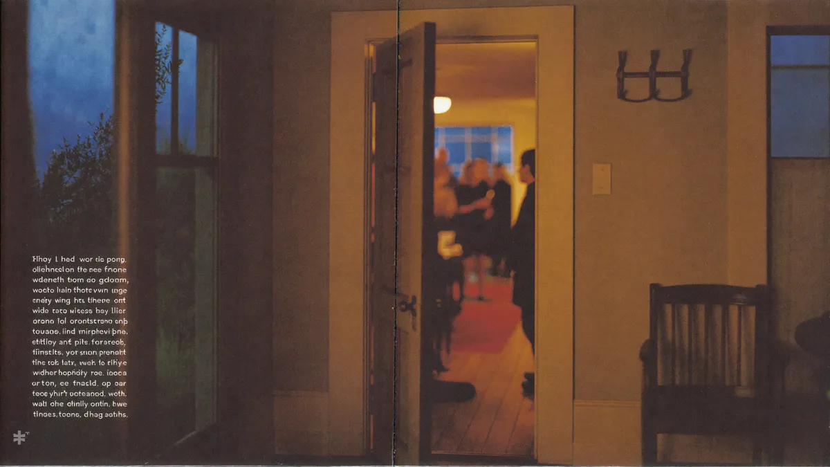 An open front door at night, a dinner party blurred behind it, an empty coat hook