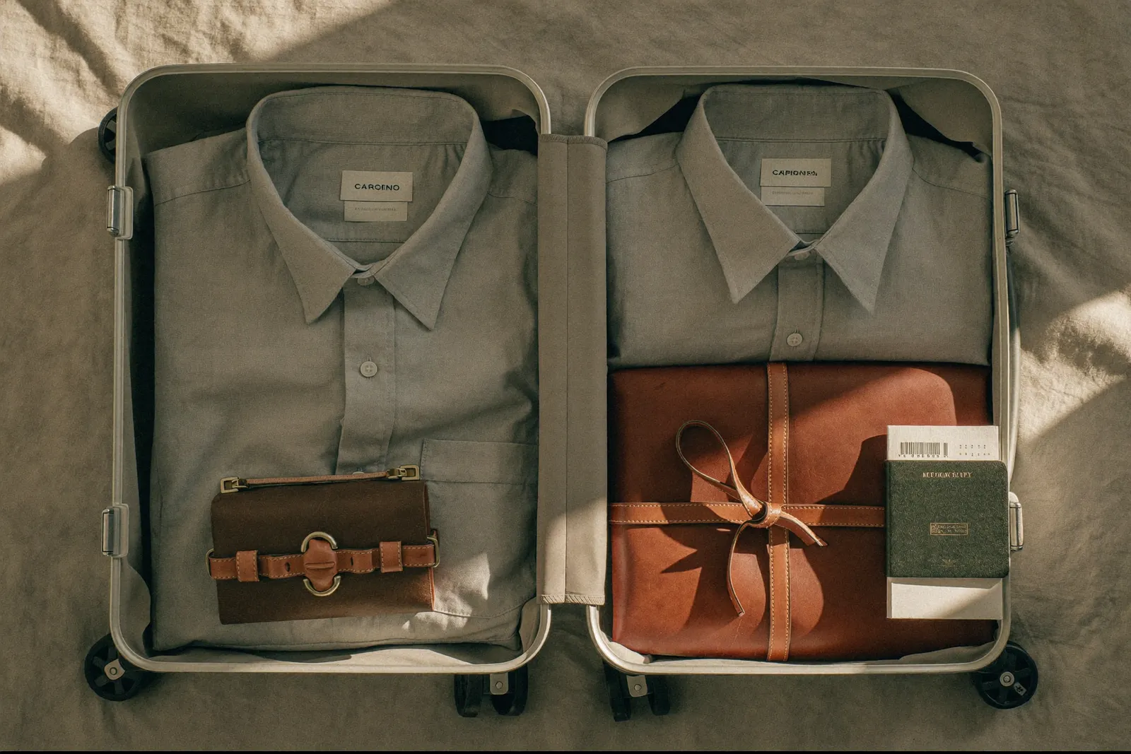 An overhead view of a neatly packed carry-on suitcase with packing cubes, folded shirts, and a dopp kit