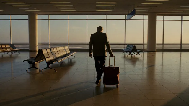 A silver-haired man pulling one small roller bag through an empty airport concourse at dawn