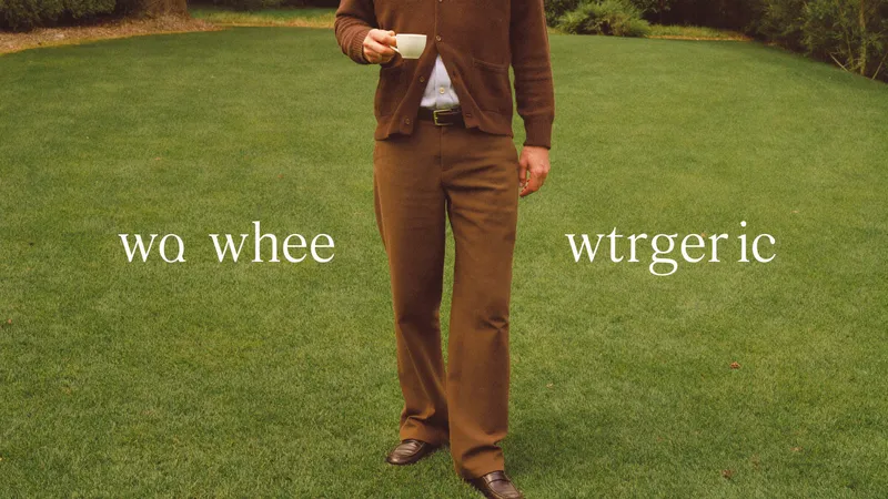 A man in loafers and a cardigan holding an espresso cup on an immaculate artificial lawn at golden hour