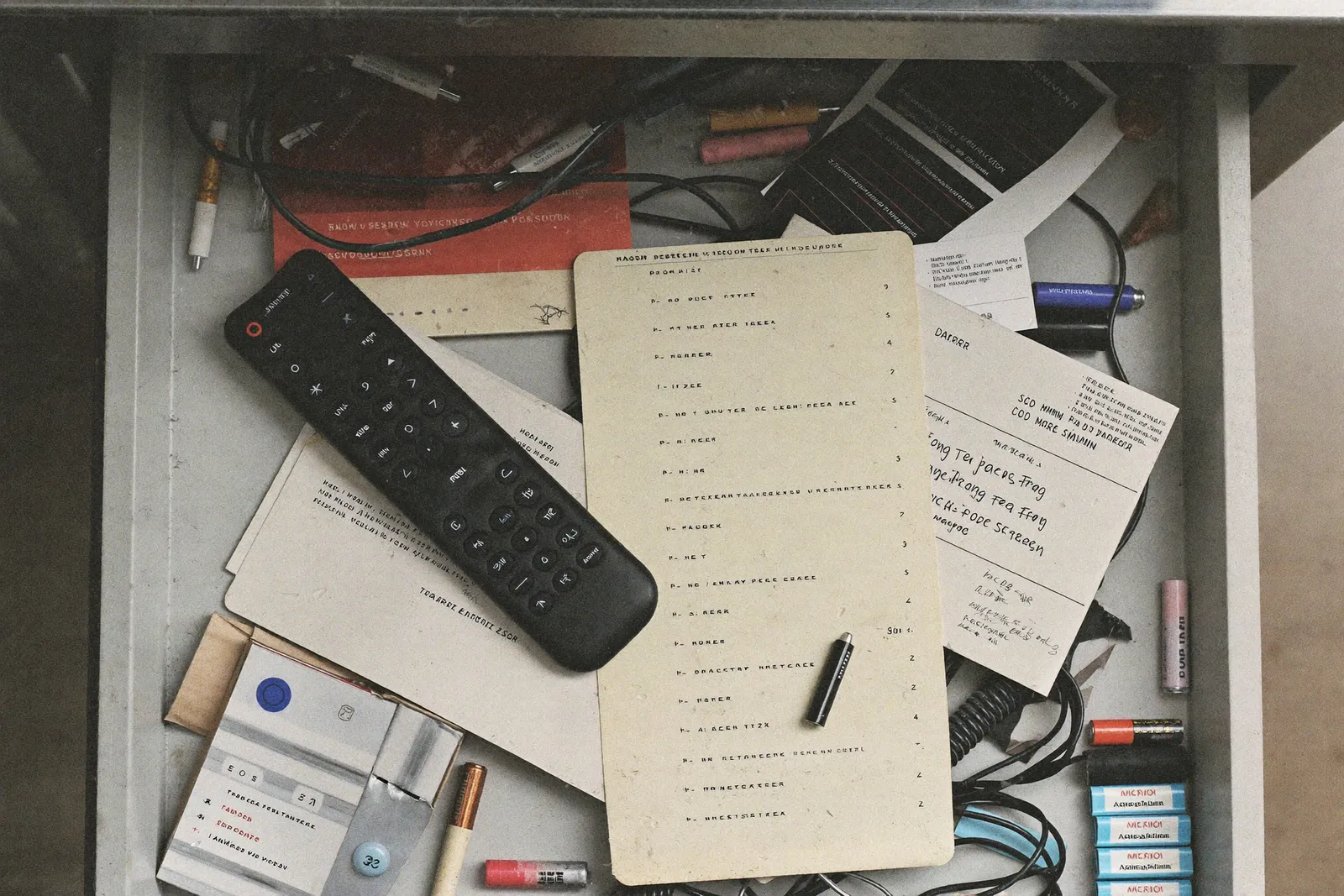 A television remote in a kitchen junk drawer among batteries and takeout menus